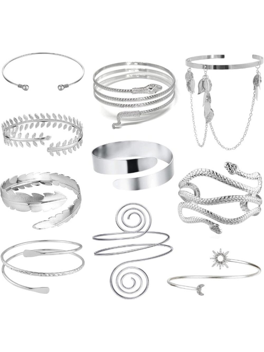 Boho Arm Cuff Bracelets Set - Adjustable Upper Arm Bands, Snake & Feather Design